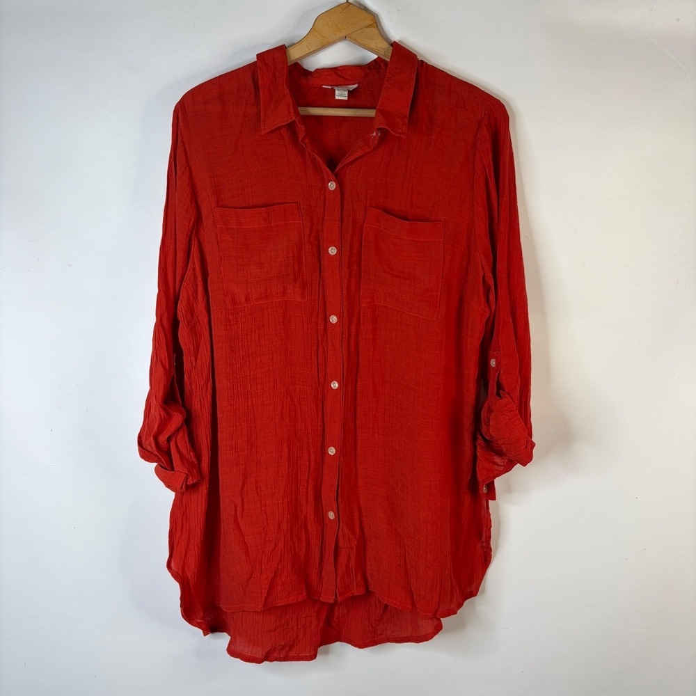 Cato Button Down Shirt Women 18/20W Red Crinkle Gauze Roll Tab Sleeve